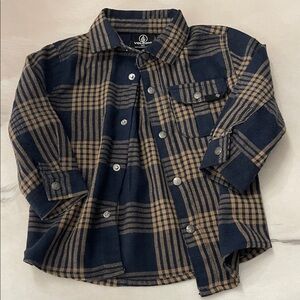 Volcom Boys Navy and Tan Plaid Button-Down Shirt